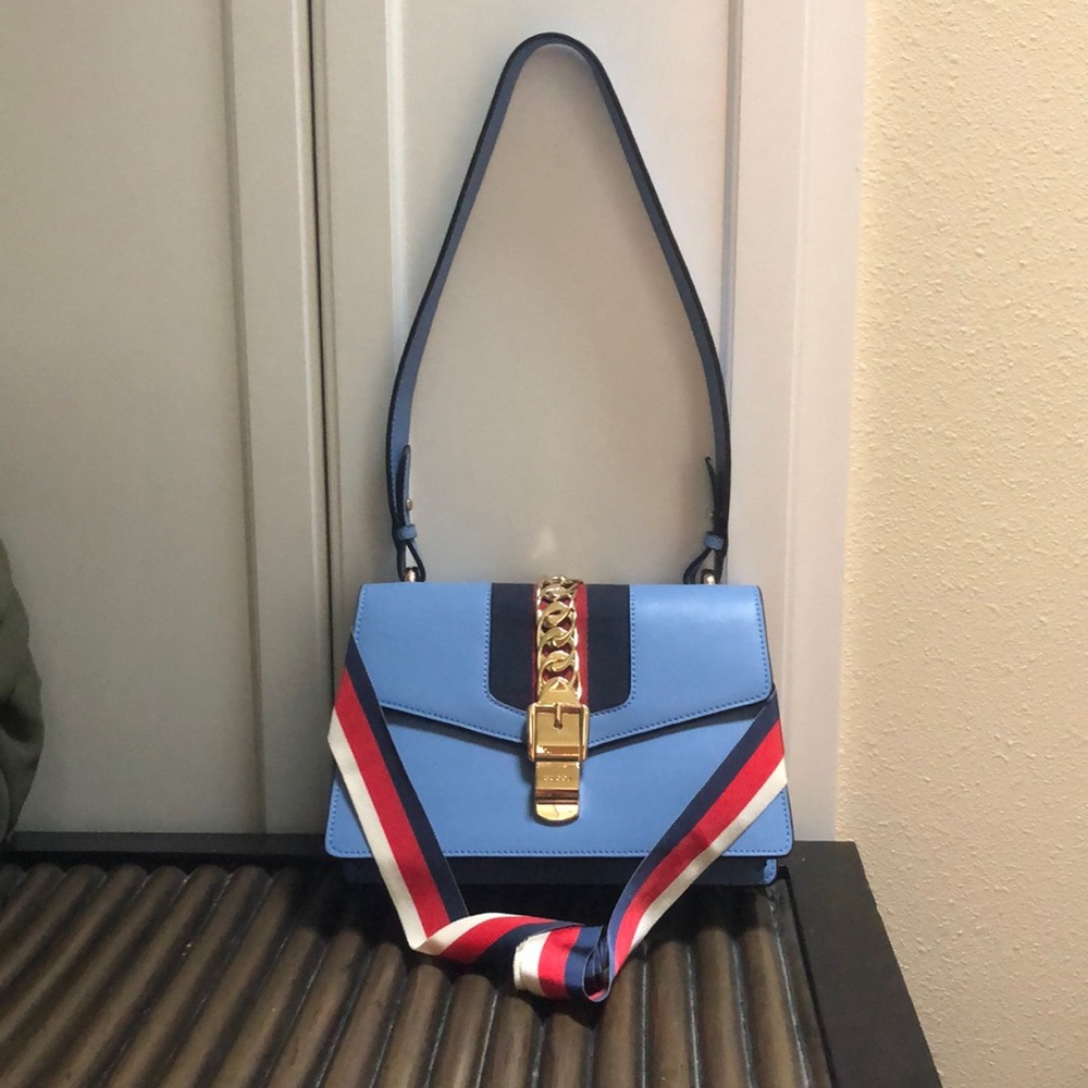 Gucci Sylvie Calfskin Small Blue Leather Shoulder Bag